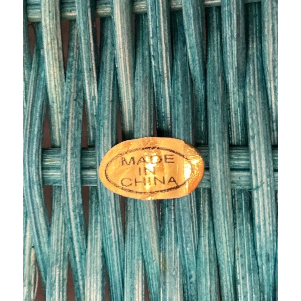Vintage Wicker Basket Teal Woven Wood Handles 11x8 Cottagecore